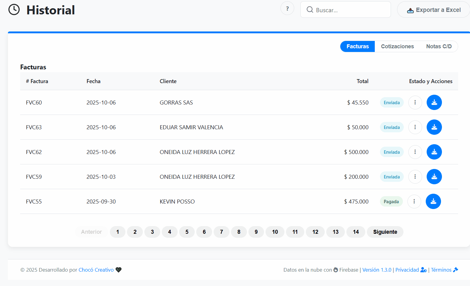 Menú de acciones en el historial de facturas